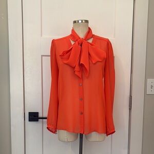 🔴 SOLD 🔴 Juicy Couture Sheer Orange Button Up Women's Blouse with Neck Tie